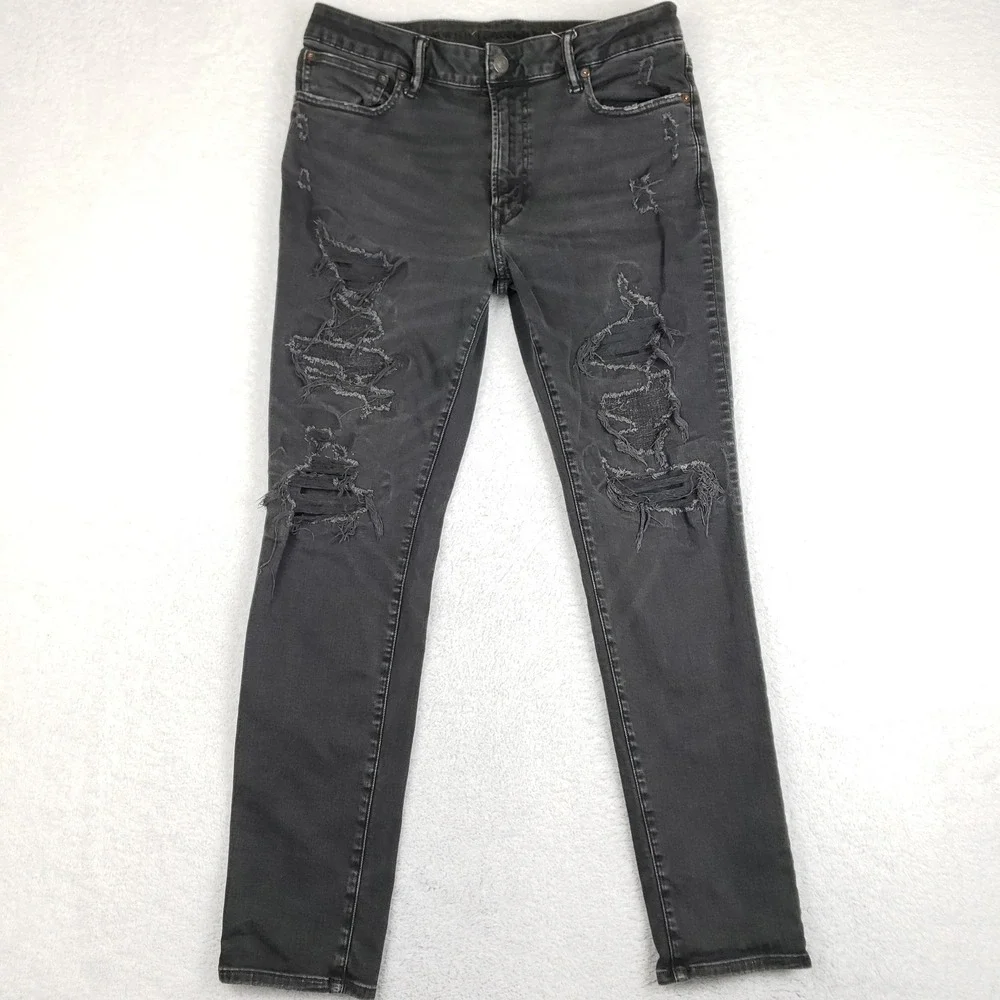 American Eagle Next Level Flex Skinny Distressed Black Jeans 33x30 Mens
